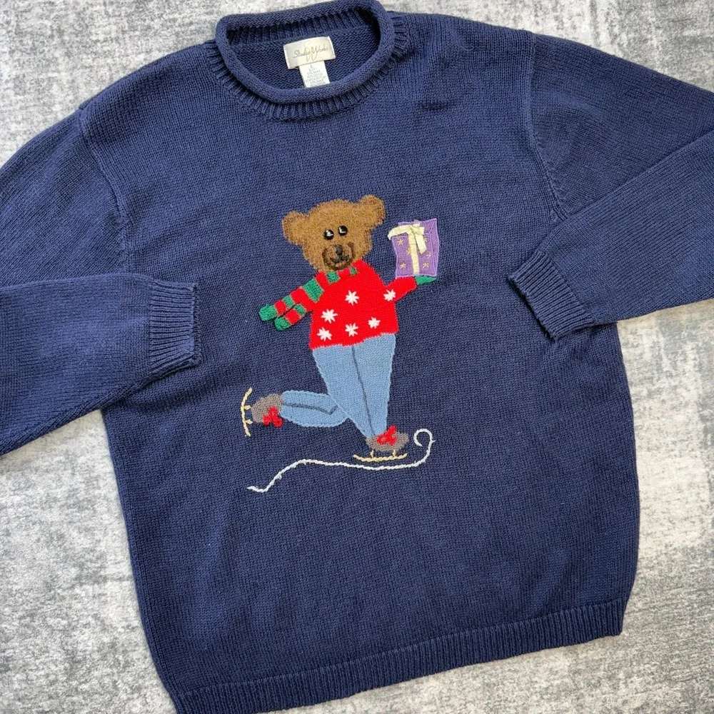 VTG Christmas Sweater Womens Large Blue Teddy Bear Skating Roll Neck 90s Party